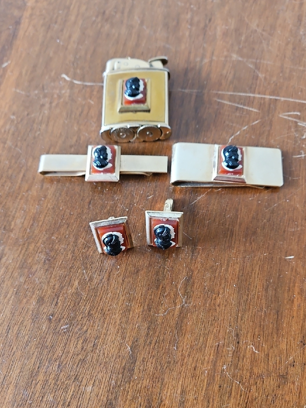 Vintage Roman Soldier Gladiator Cameo Tie Bar, Cuff Links, Money Clip, Lighter